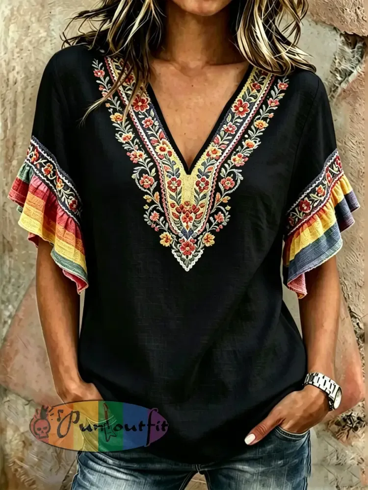 Women’s Rainbow Floral Print Short Sleeve T-Shirt