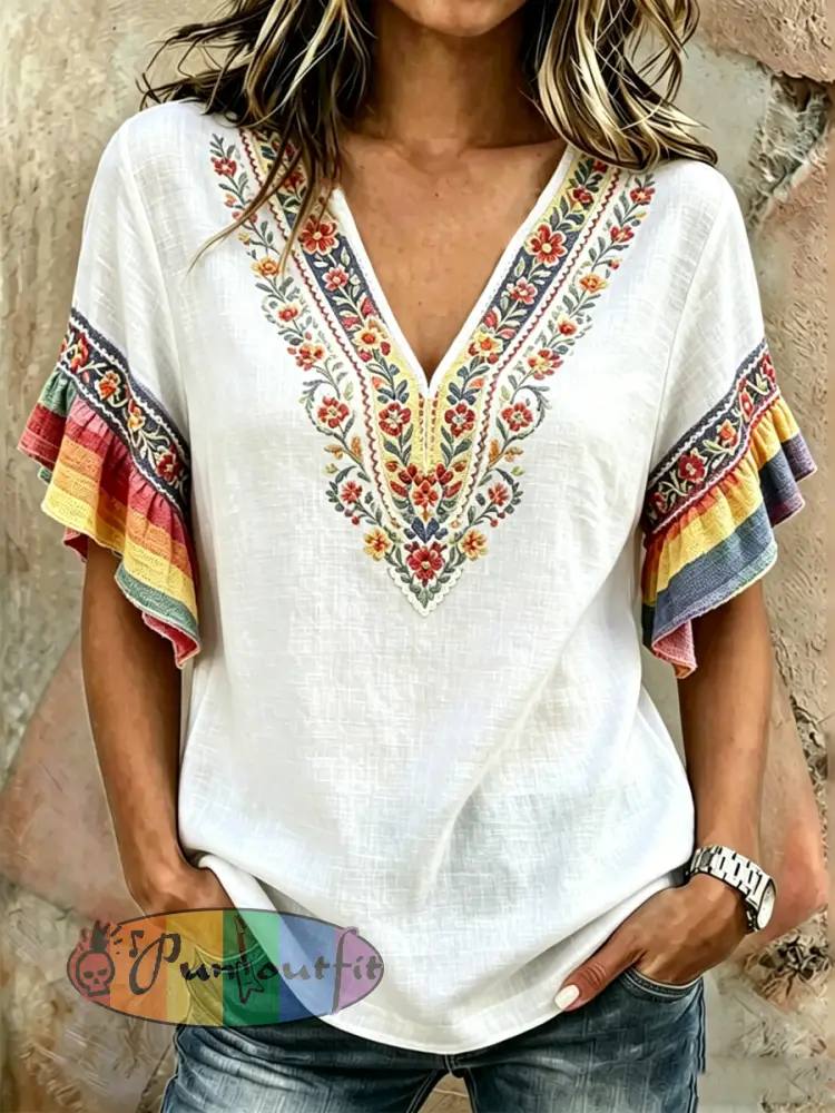 Women’s Rainbow Floral Print Short Sleeve T-Shirt