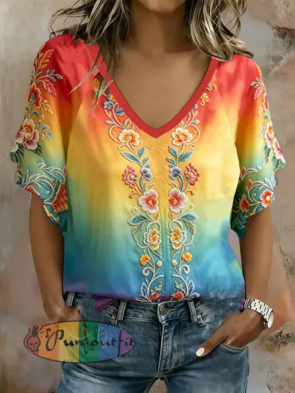 Women’s Rainbow Floral Print Short Sleeve T-Shirt