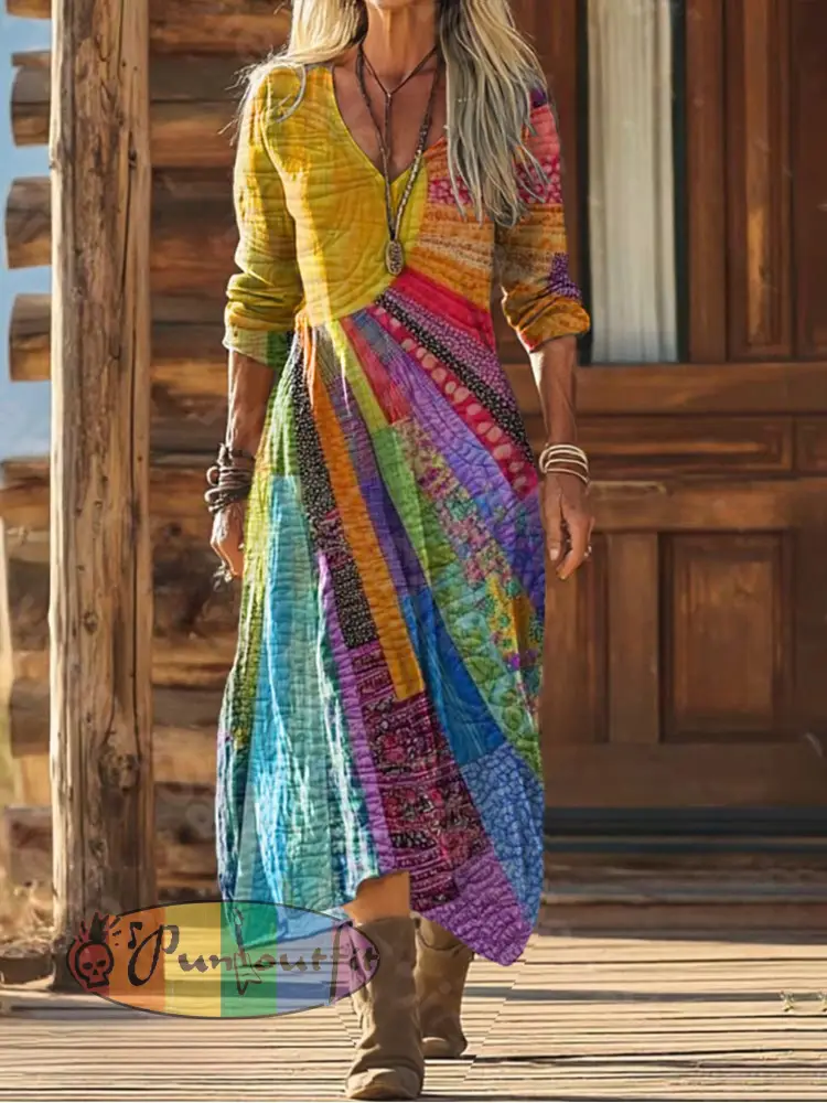Women’s Rainbow Art Printed V-neck Dress