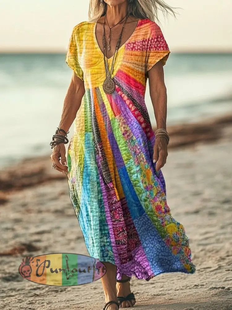 Women’s Rainbow Art Printed V-neck Dress
