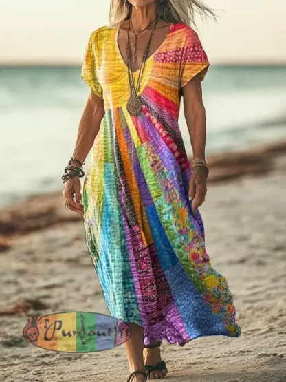 Women’s Rainbow Art Printed V-neck Dress