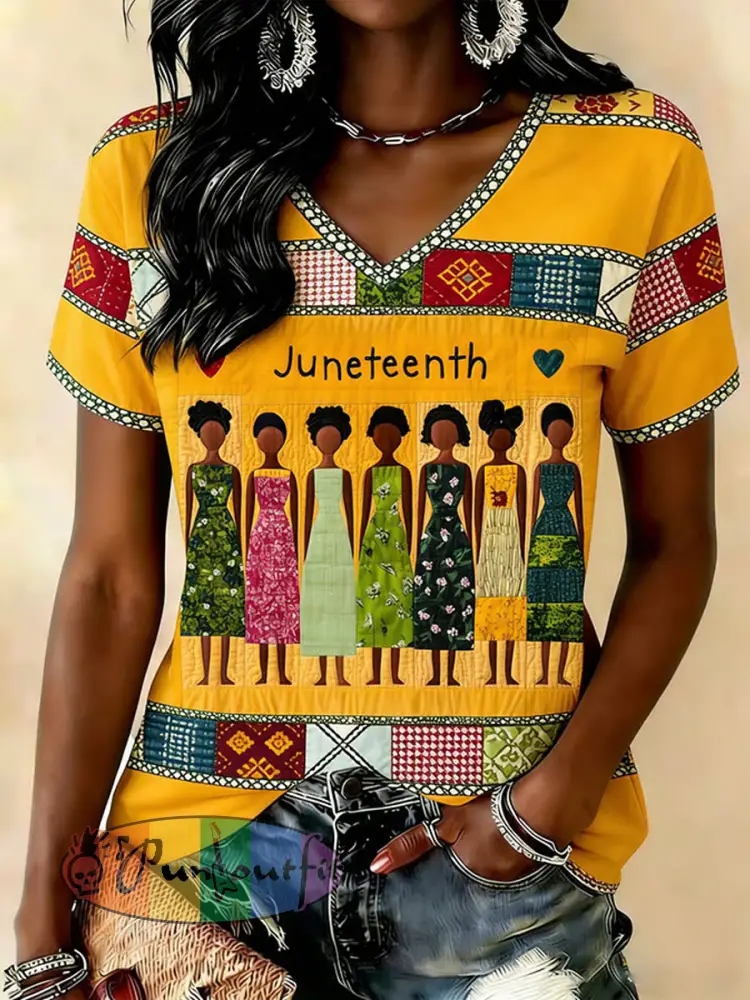 Women’s Juneteenth Print Casual V-Neck Tee