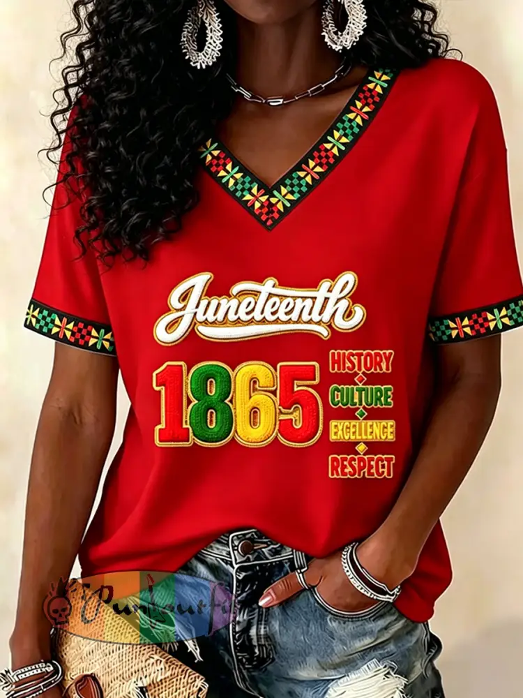Women’s Juneteenth Print Casual V-Neck Tee