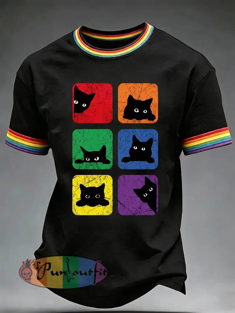 Men’s Pride Month Rainbow Cat Art Short Sleeve T-shirt