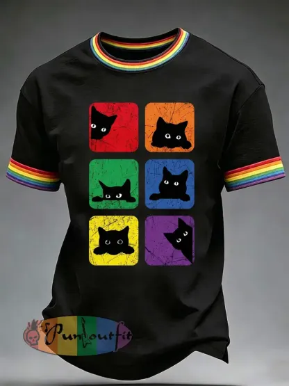 Men’s Pride Month Rainbow Cat Art Short Sleeve T-shirt