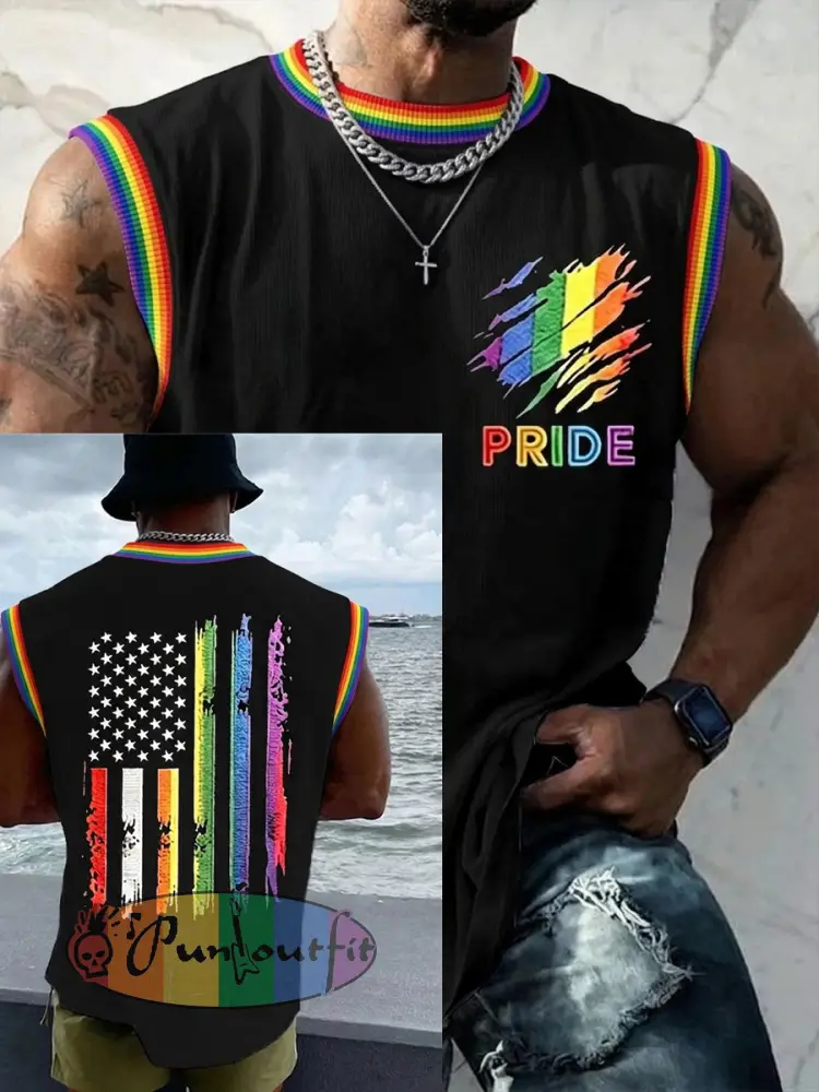 Men’s LGBT Rainbow Month Rainbow Flag Art Print Sleeveless Vests