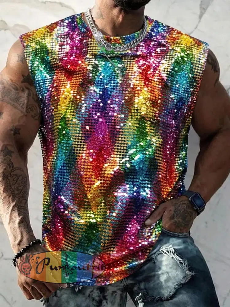 Men’s LGBT Rainbow Month Rainbow Art Print Sleeveless Vests