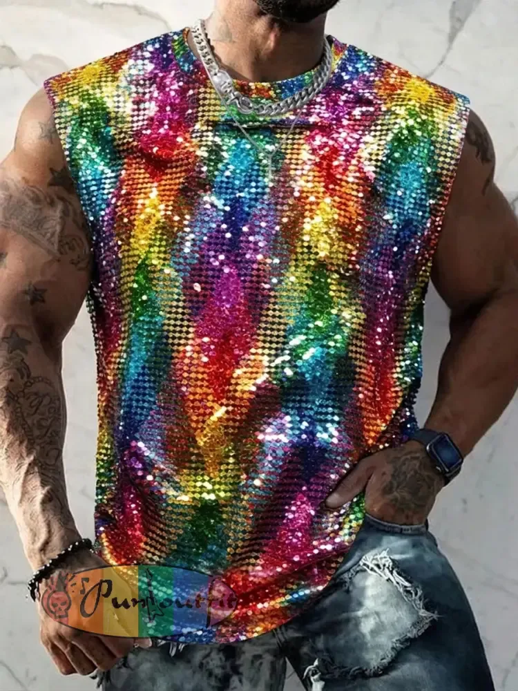 Men’s LGBT Rainbow Month Rainbow Art Print Sleeveless Vests