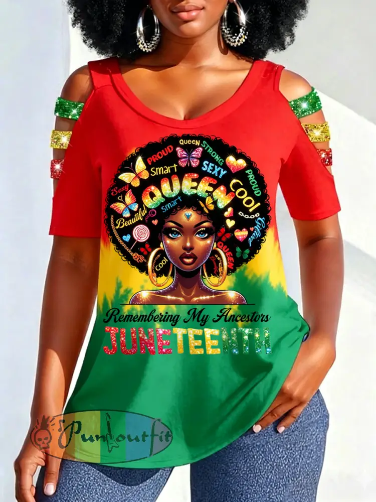 Women’s Juneteenth 1865 Print Casual Hollow Sleeves Top