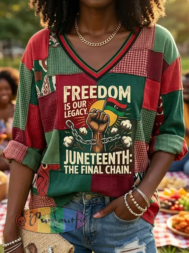 Women’s Retro Juneteenth Patchwork Casual V-Neck T-Shirt