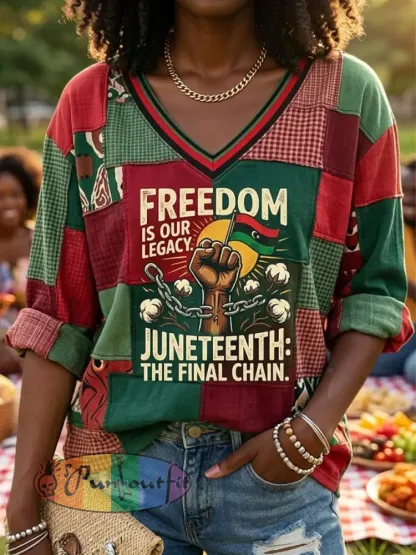 Women’s Retro Juneteenth Patchwork Casual V-Neck T-Shirt
