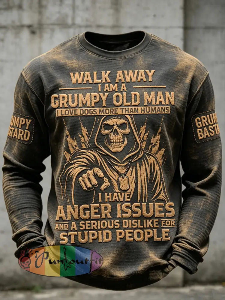 Men's Grumy Old Man Printed Waffle Long Sleeved Round Neck Sweatshirt