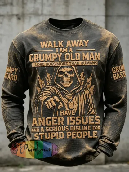 Men's Grumy Old Man Printed Waffle Long Sleeved Round Neck Sweatshirt