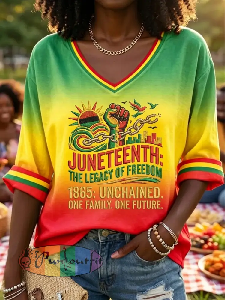 Women’s Juneteenth Freedom Gradient V-Neck Casual Long Sleeve T-Shirt
