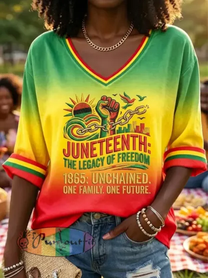 Women’s Juneteenth Freedom Gradient V-Neck Casual Long Sleeve T-Shirt