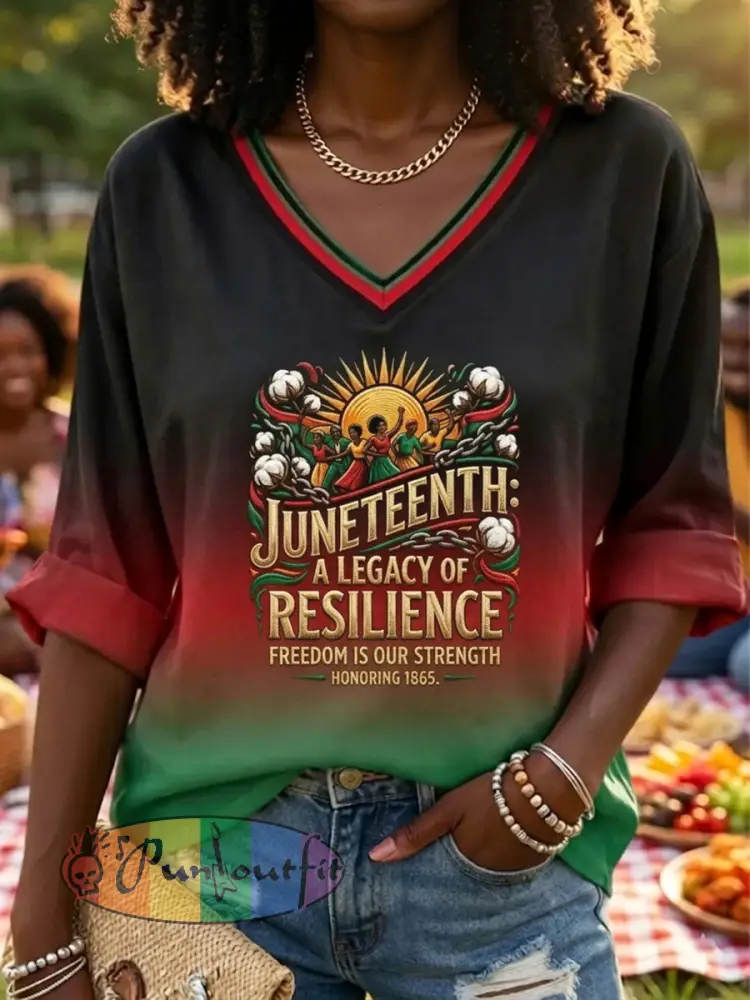 Women’s Retro Black Juneteenth “Freedom” Casual V-Neck T-Shirt
