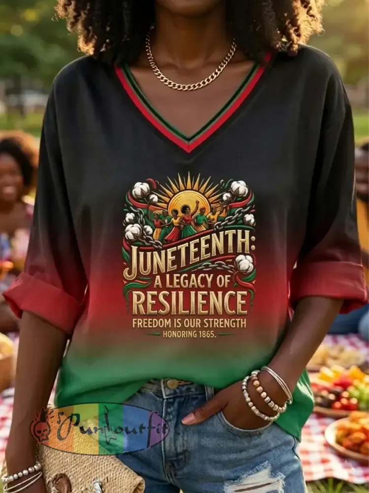 Women’s Retro Black Juneteenth “Freedom” Casual V-Neck T-Shirt
