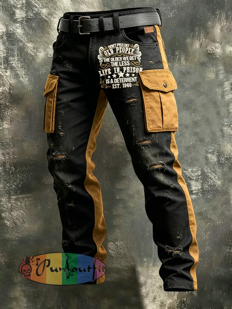 Men’s Retro Old Fuckers Club Art Print Casual Workwear Trousers