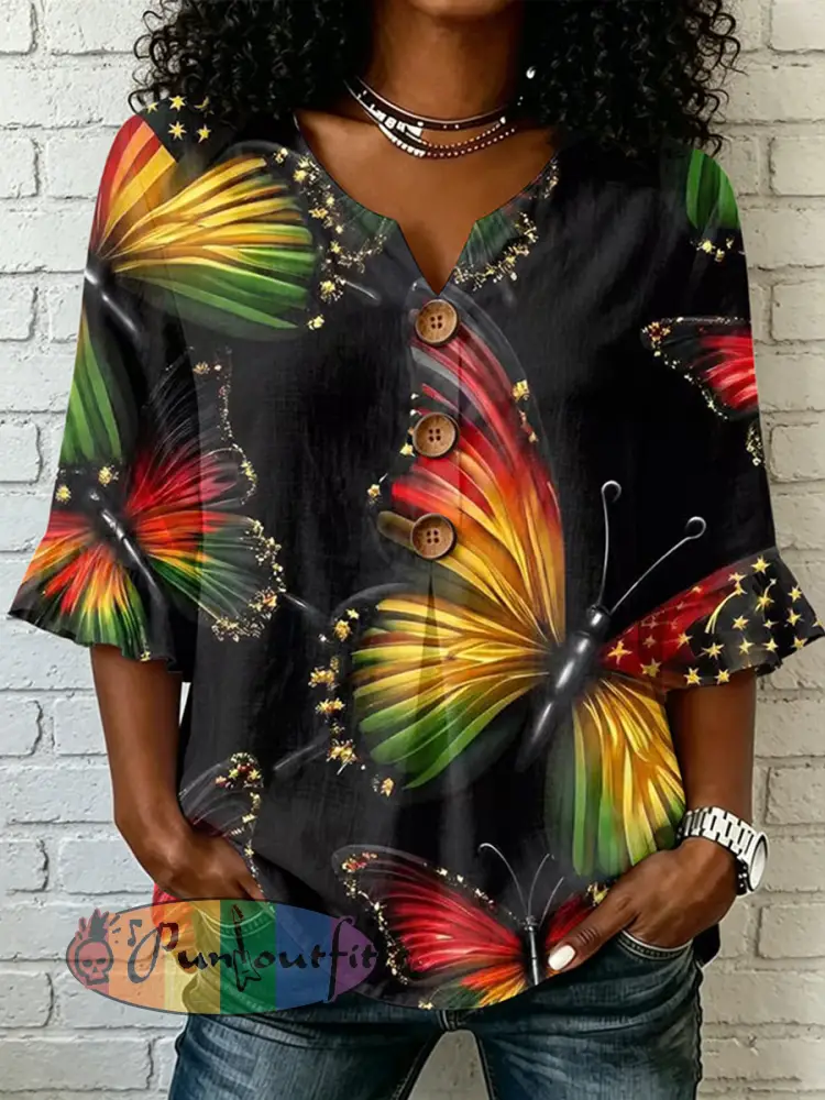 Women’s Juneteenth Butterfly Cotton-Linen Shirt