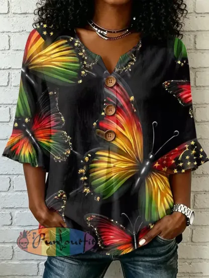 Women’s Juneteenth Butterfly Cotton-Linen Shirt