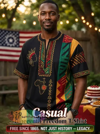 Men’s Retro Juneteenth Geometric Patchwork Casual V-Neck T-Shirt