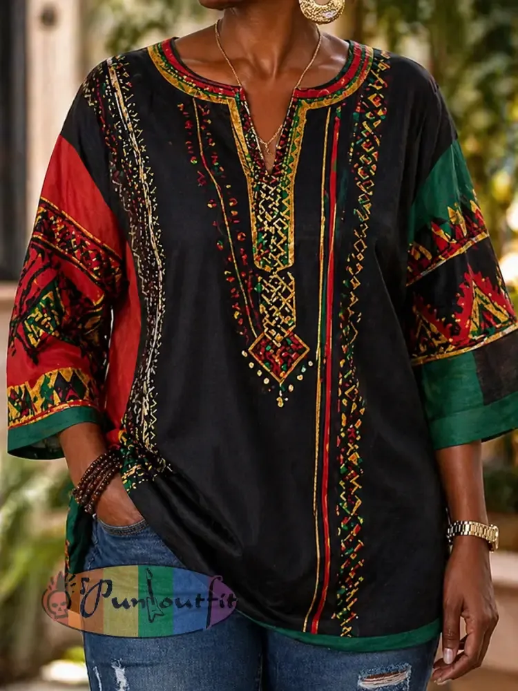 Women’s Retro Juneteenth Geometric Stripe Casual V-Neck Top