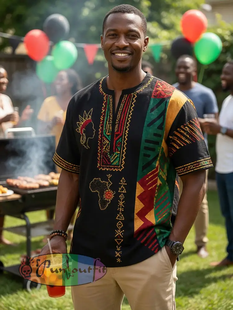 Men’s Retro Juneteenth Geometric Patchwork Casual V-Neck T-Shirt