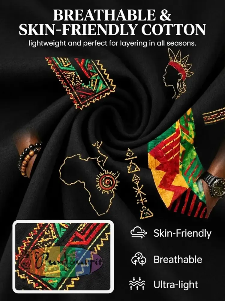 Men’s Retro Juneteenth Geometric Patchwork Casual V-Neck T-Shirt