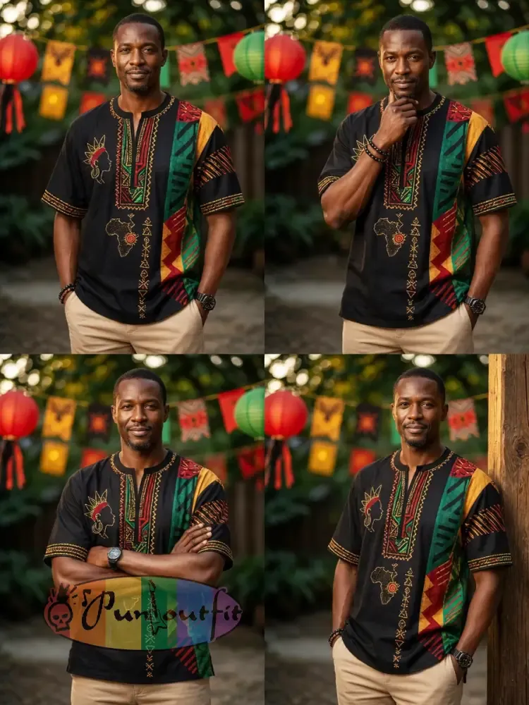 Men’s Retro Juneteenth Geometric Patchwork Casual V-Neck T-Shirt