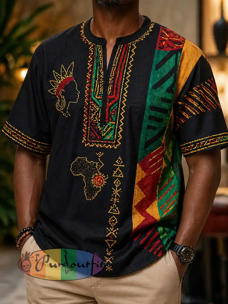 Men’s Retro Juneteenth Geometric Patchwork Casual V-Neck T-Shirt