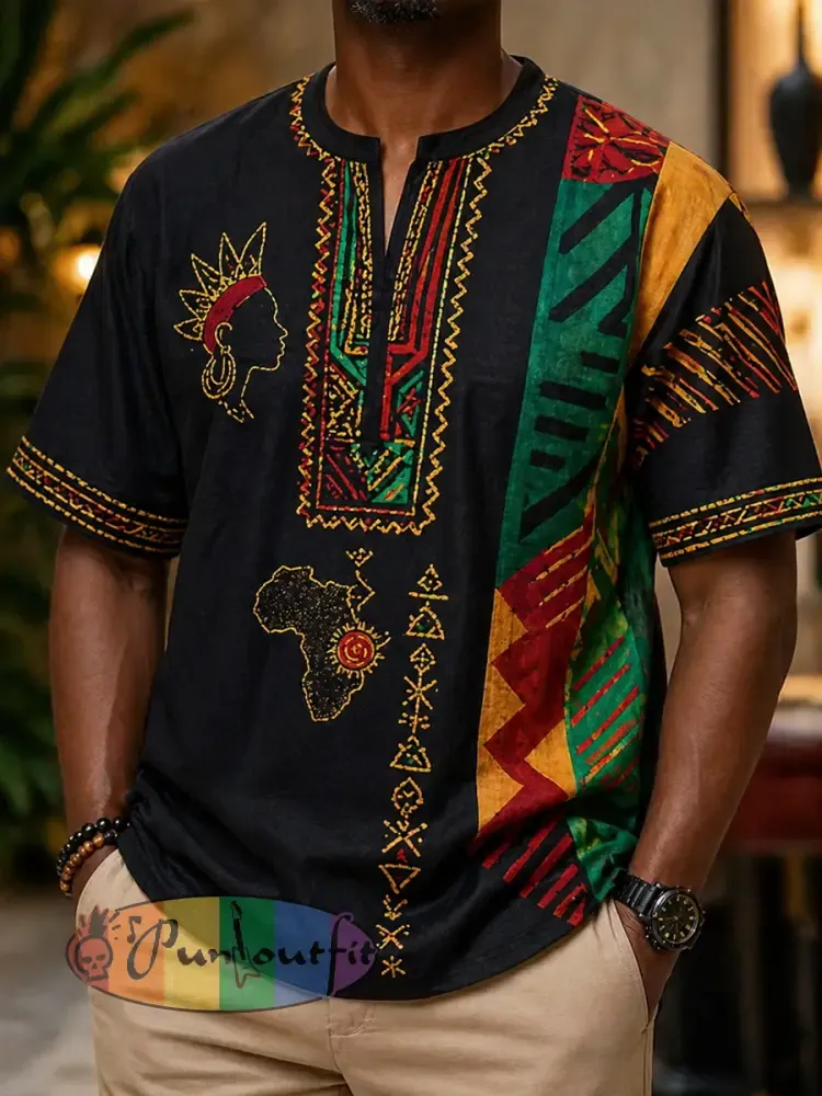 Men’s Retro Juneteenth Geometric Patchwork Casual V-Neck T-Shirt