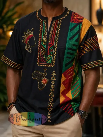Men’s Retro Juneteenth Geometric Patchwork Casual V-Neck T-Shirt