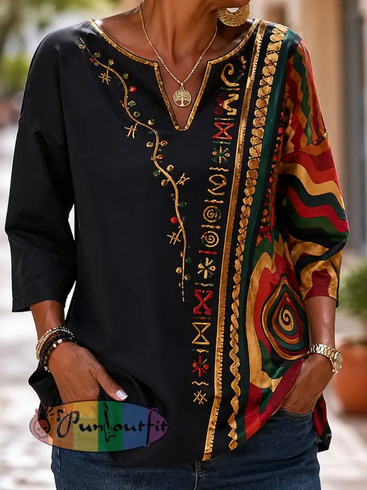 Women’s Retro Juneteenth Geometric Print Casual V-Neck Top