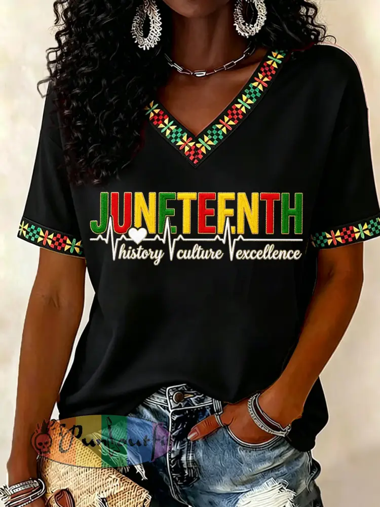 Women’s Juneteenth History Culture Excellence Respect Print Casual V-Neck Tee