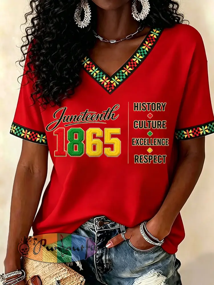 Women’s Juneteenth History Culture Excellence Respect Print Casual V-Neck Tee