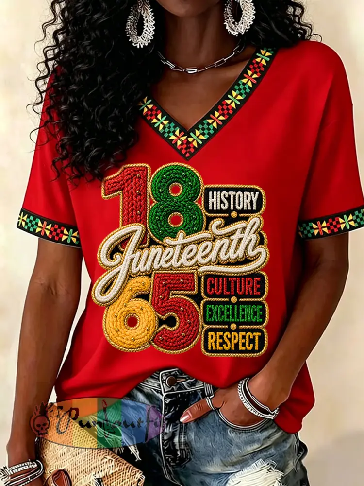 Women’s Juneteenth History Culture Excellence Respect Print Casual V-Neck Tee