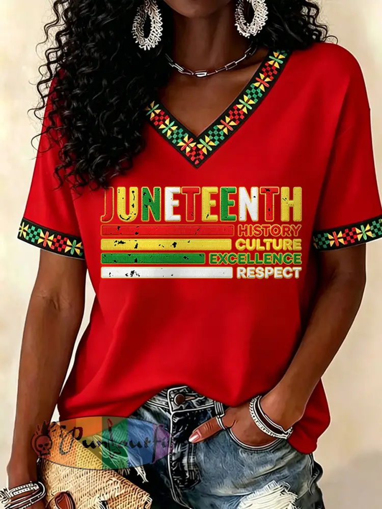 Women’s Juneteenth History Culture Excellence Respect Print Casual V-Neck Tee