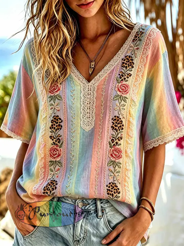 Women’s Rainbow Floral Art Printed T-Shirt