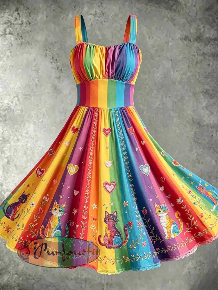 Women's Rainbow Floral Art Printed Dress