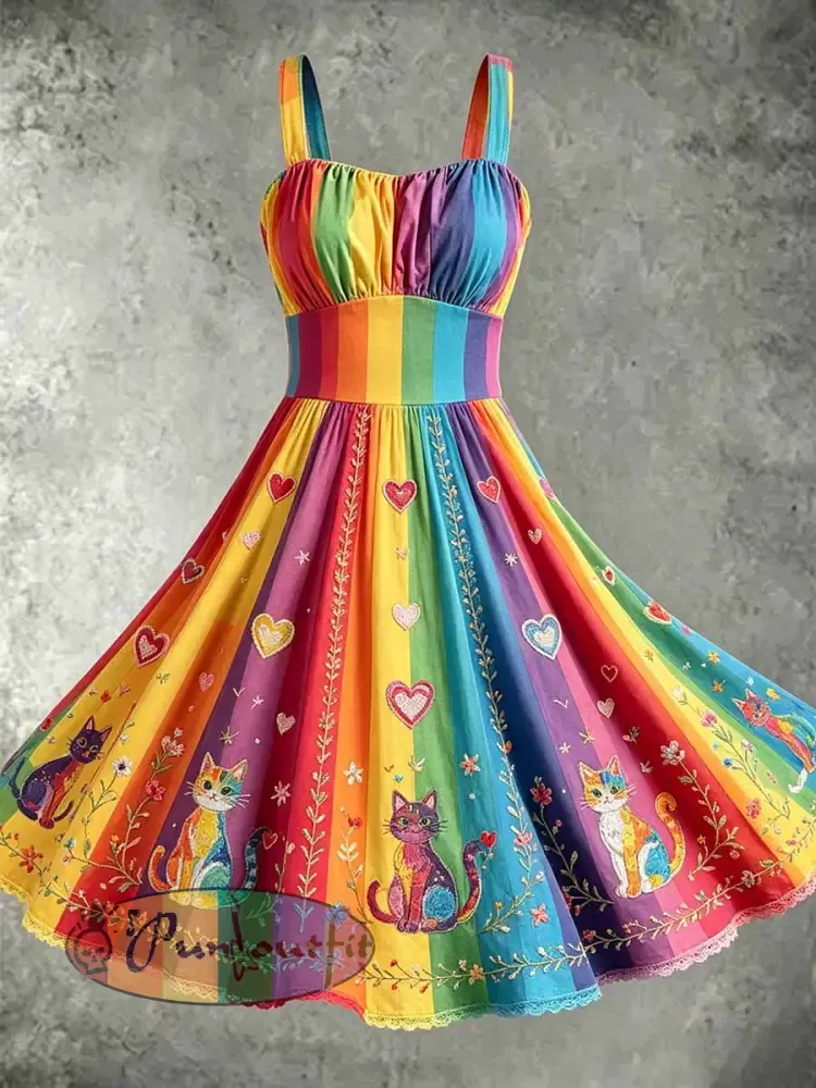 Women's Rainbow Floral Art Printed Dress