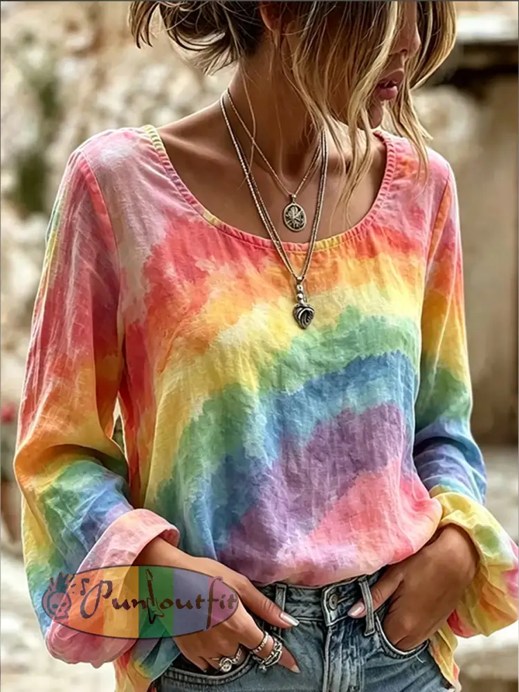 Women’s Pride Month Watercolor Rainbow Art Print Long Sleeve Top