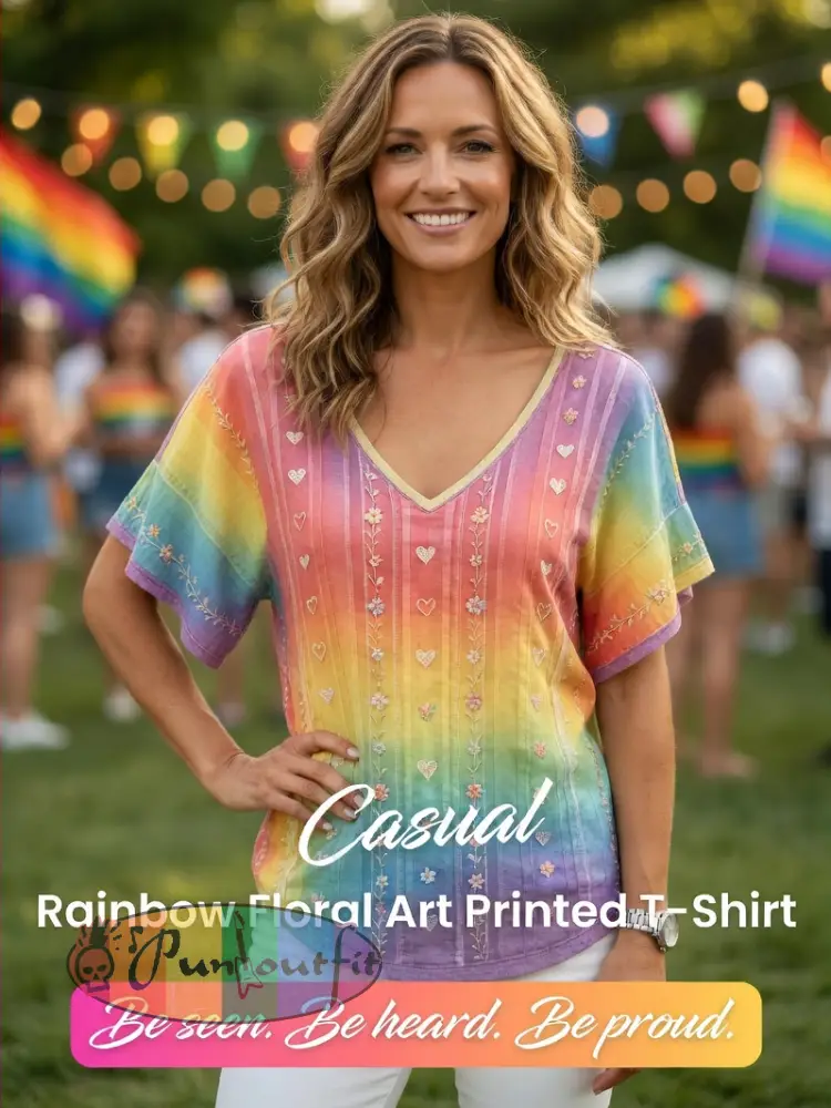 Women’s Rainbow Floral Art Printed T-Shirt