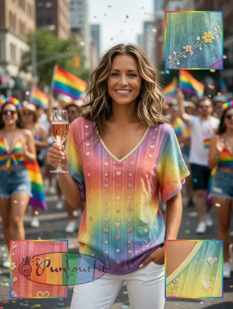 Women’s Rainbow Floral Art Printed T-Shirt