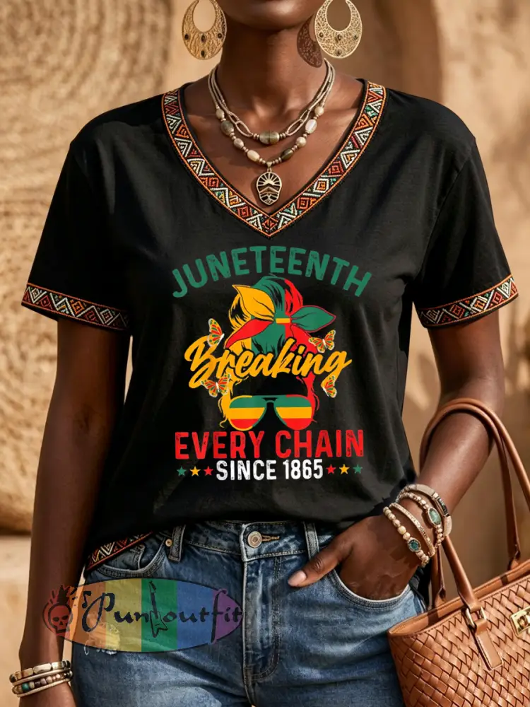 Women’s Retro Juneteenth Casual V-Neck T-Shirt
