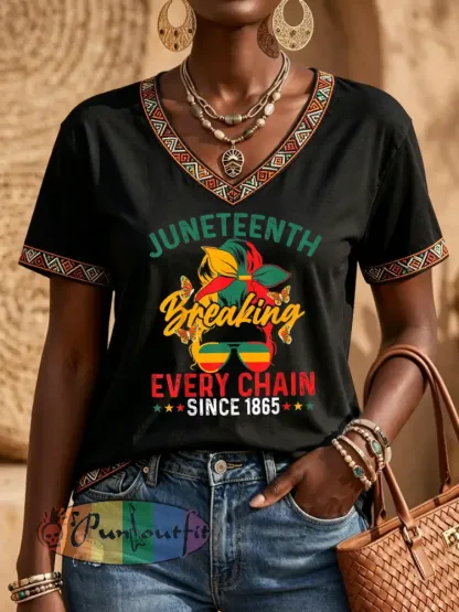 Women’s Retro Juneteenth Casual V-Neck T-Shirt