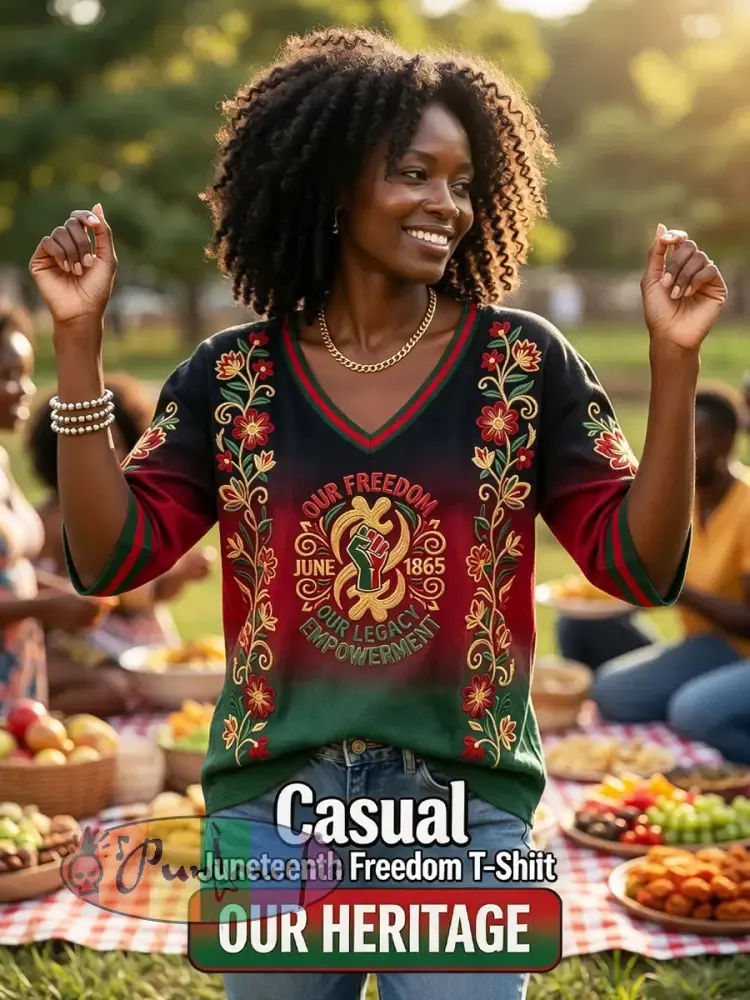 Women’s Retro Juneteenth Gradient Floral Casual V-Neck T-Shirt