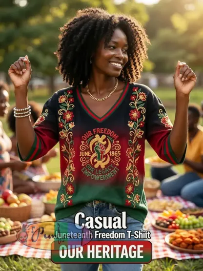 Women’s Retro Juneteenth Gradient Floral Casual V-Neck T-Shirt