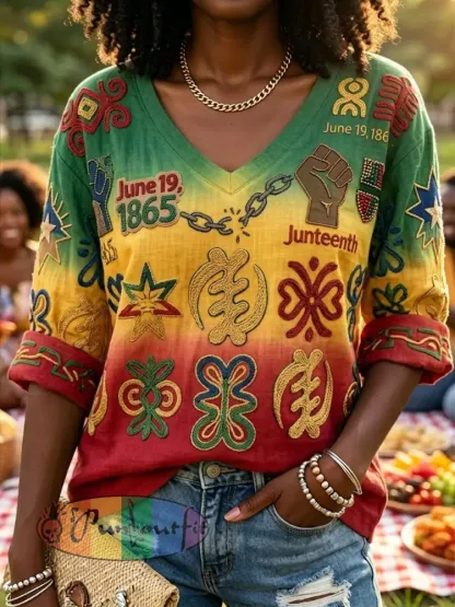 Women’s Retro Juneteenth Gradient Casual V-Neck T-Shirt