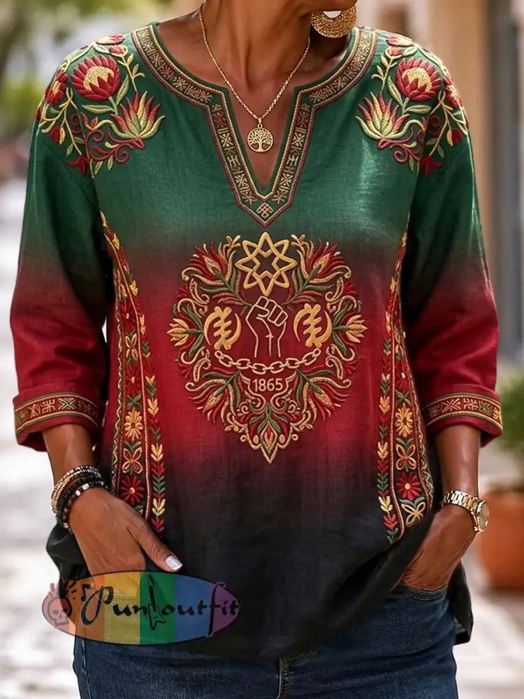Women’s Retro Juneteenth Gradient Floral Casual V-Neck Top